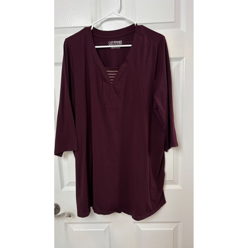 Catherines Suprema Collection Burgundy Split Neck Tunic Top 1X 18/20W 3/4 Sleeve